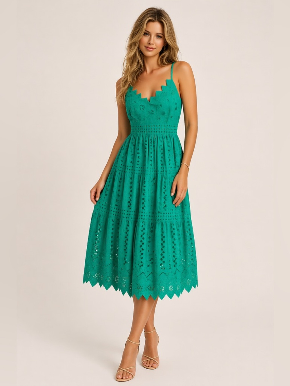 Kobi Halperin Teal Eyelet Midi Dress Sleeveless Scalloped Fit & Flare Sz L (M)